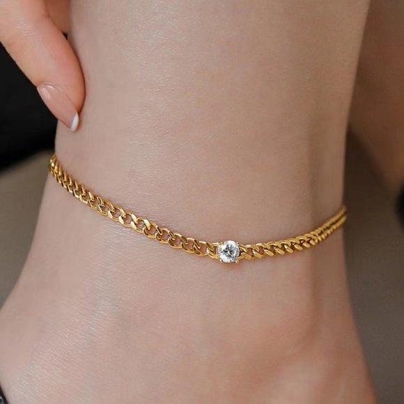 3/$35 Classic Anklet Chain Ankle Bracelet Gold Stainless Steel Cubic Zirconia - Picture 5 of 7